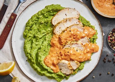 Lemon pepper chicken with pea mash My Muscle Chef review by Fluro Fitness Sydney